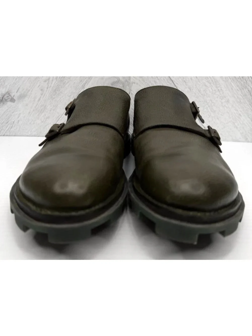John Fluevog Collingtree Mens 10 Olive Green Leather Double Monk Strap Lug Shoes